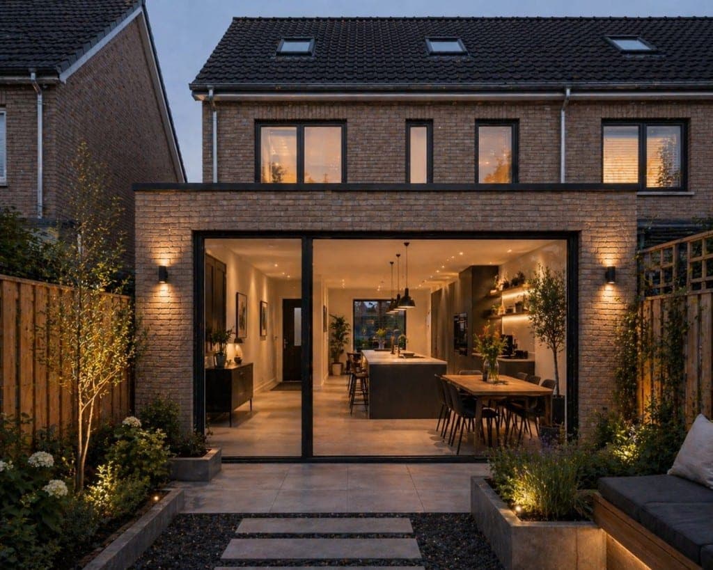 Eetkeuken-aanbouw met schuifpui in de avond