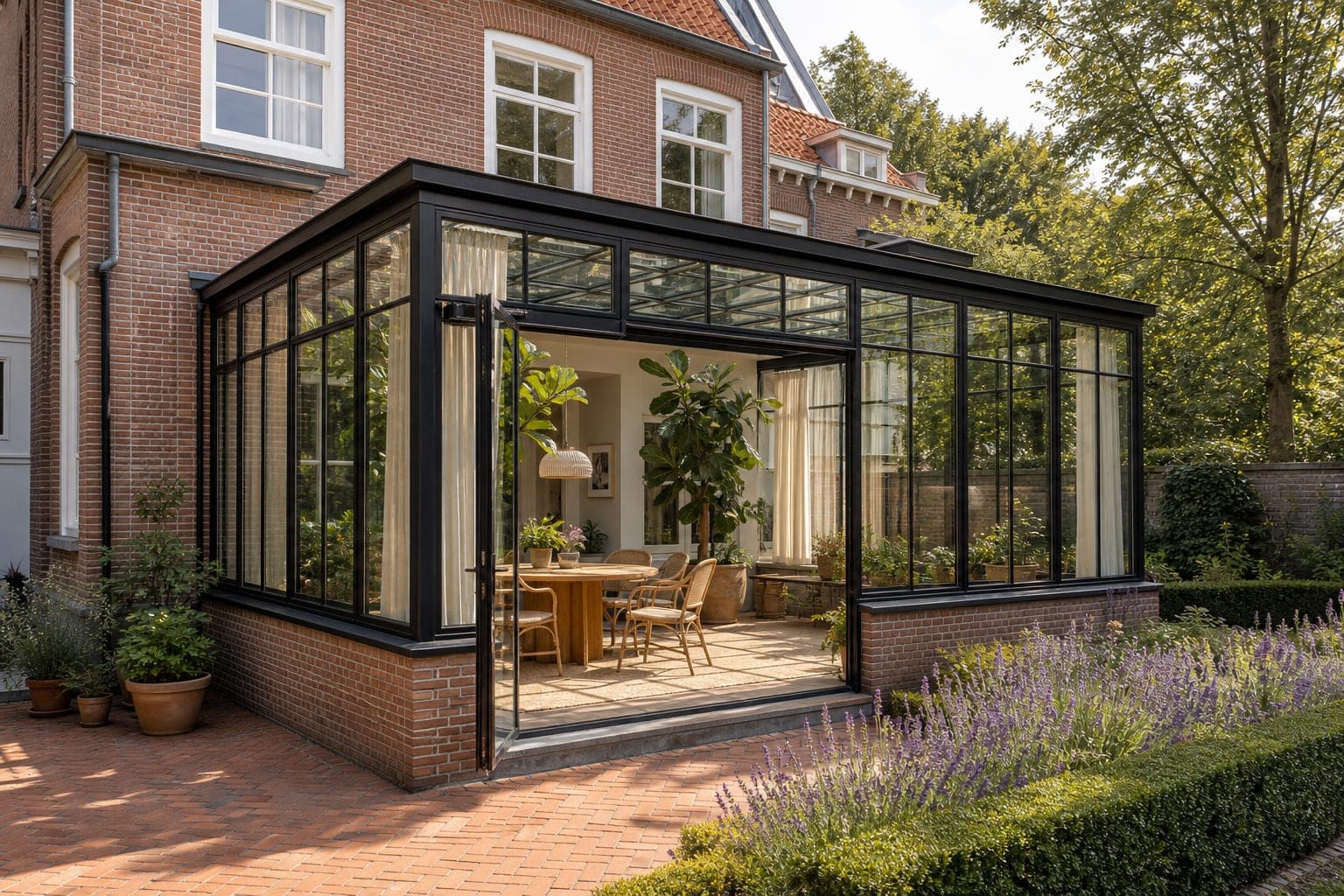 Stalen serre met glazen dak aan een klassieke Nederlandse villa