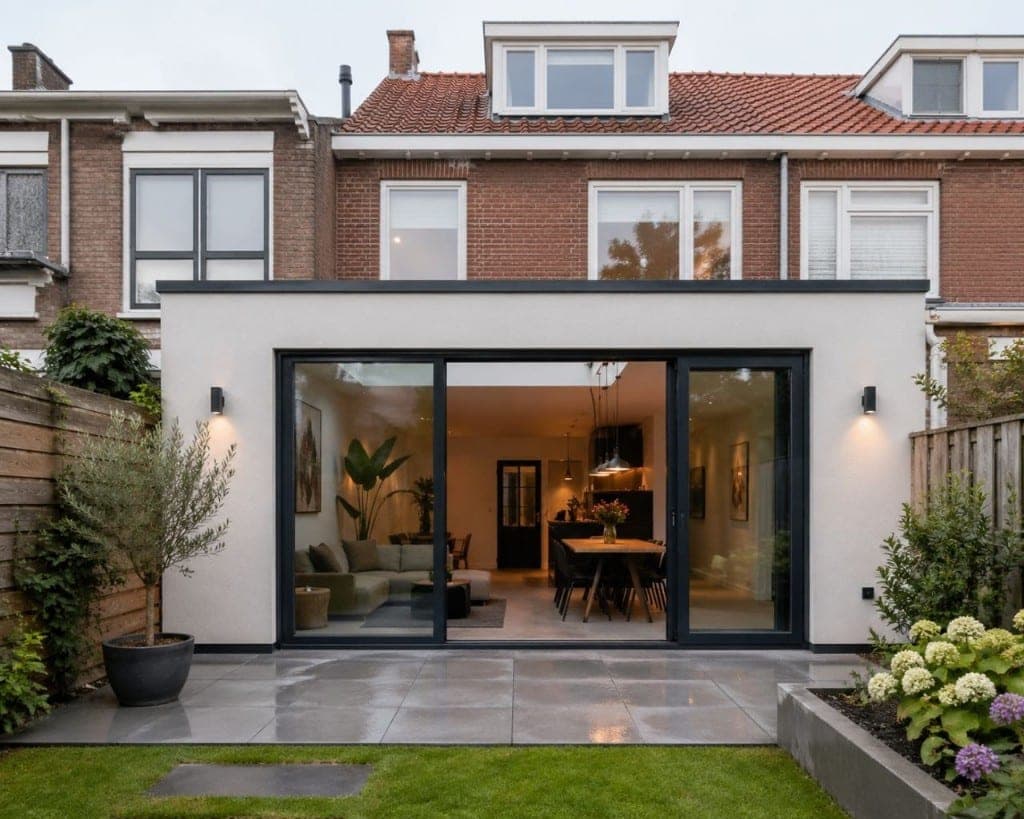 Witte stucwerk uitbouw aan een rijtjeshuis