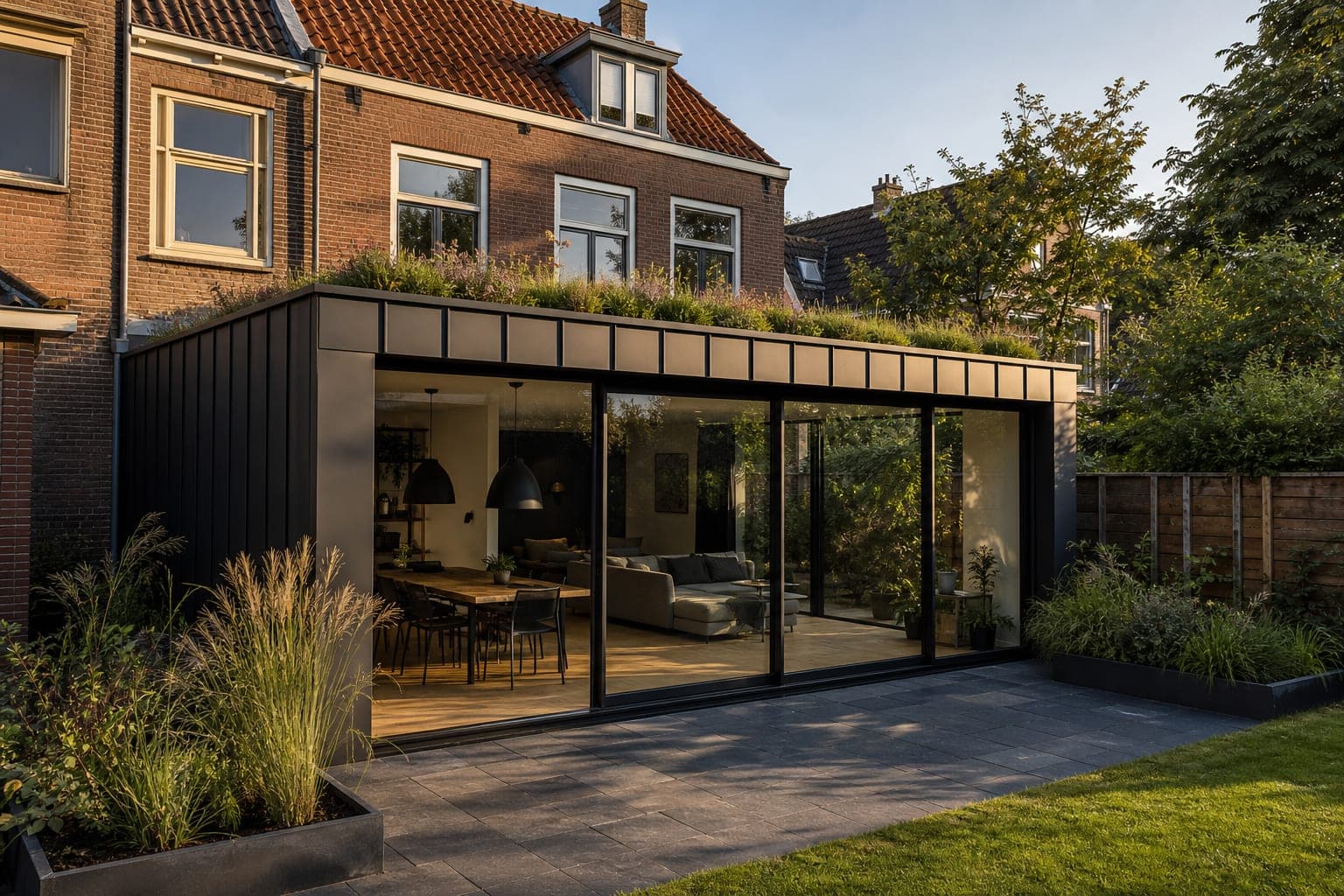 Donkere zinken aanbouw met sedumdak aan een jaren-30 woning